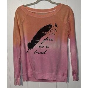 Chaser Ombre Pink & Orange Feather "Free as a Bird" Pullover Sweatshirt Small
